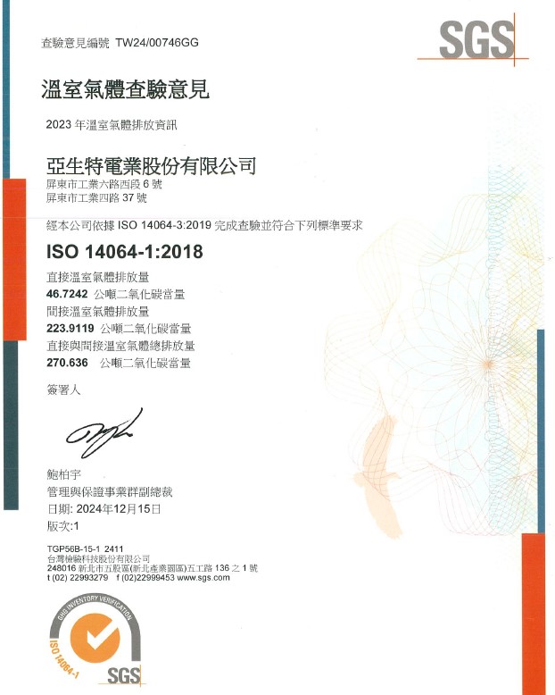 Yacenter Electric Co., Ltd. Successfully Obtains ISO 14064-1:2018 Certification on December 15, 2024